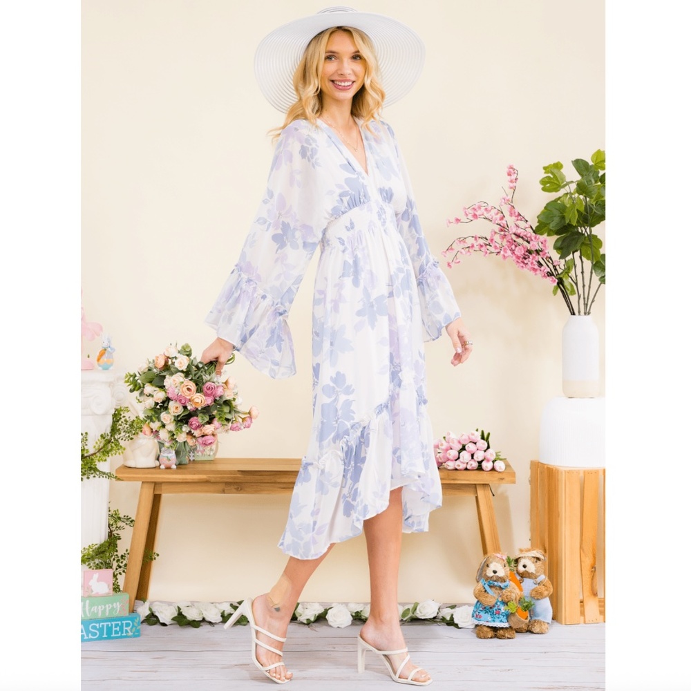 One The Land Elastic Waist Long Bell Sleeve High-Low Floral Print Midi Dress